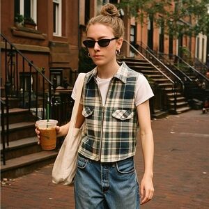 Vintage 90s Collin Creek Silk-Cotton Plaid Zip Front Sleeveless Shirt Vest